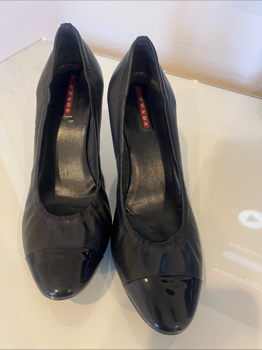 Vintage Prada Black Leather Pumps with Patent Cap Toe